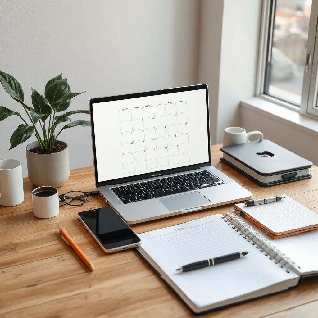 Minimalist desk setup with laptop, notebook, and smartphone for planning a focused workflow