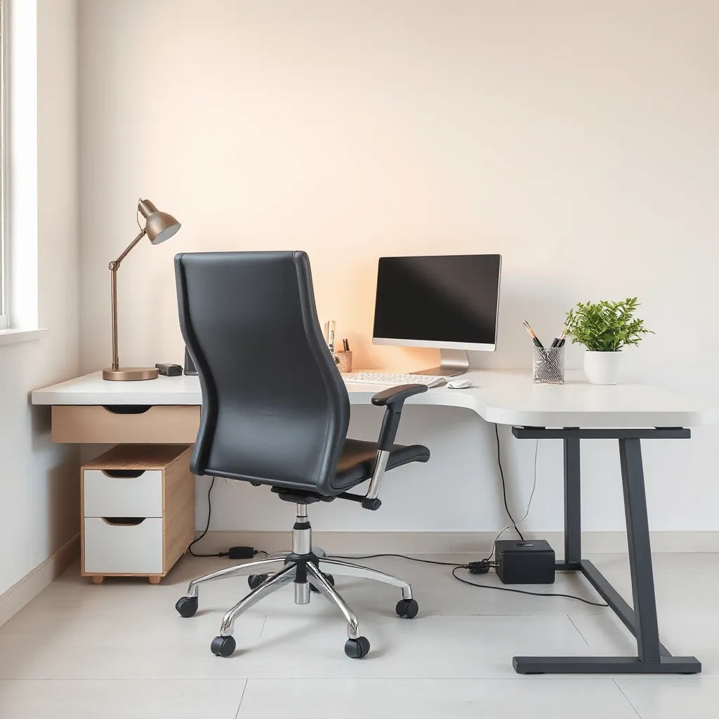 Minimal home office desk with ergonomic chair, warm lamp, organized accessories, and cable-managed setup
