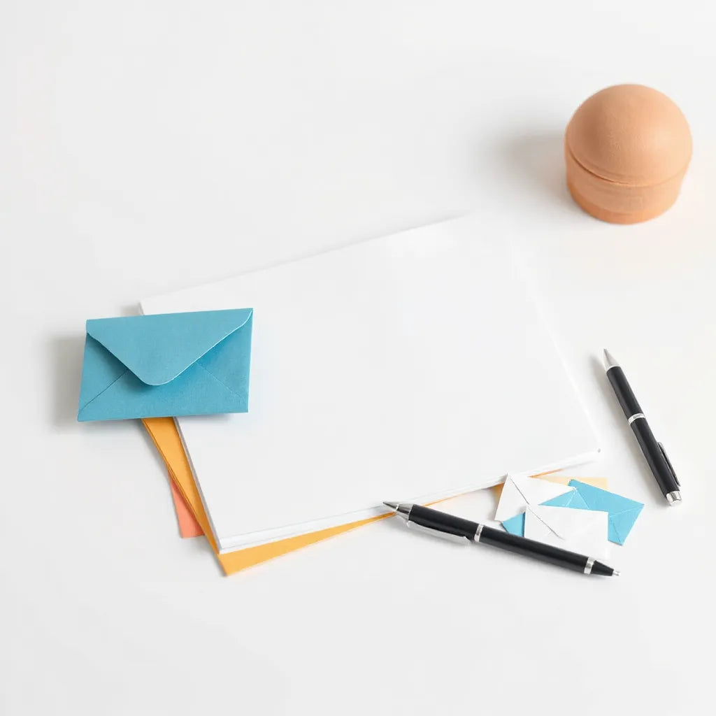 Stacked papers and assorted envelopes arranged neatly on a clean desk