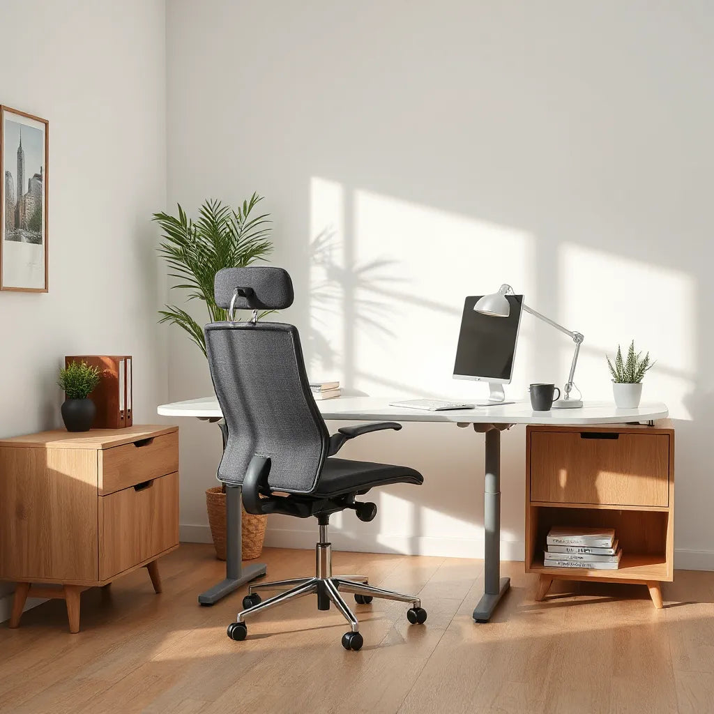 Modern office with ergonomic chair, sleek desk, and minimalist storage in soft natural light