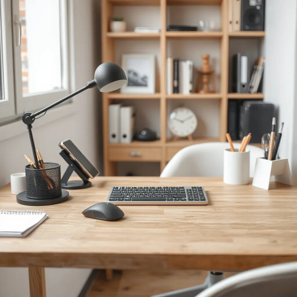 Minimal desk setup with lamp, keyboard, phone stand, and organizer for a focused, comfortable workspace