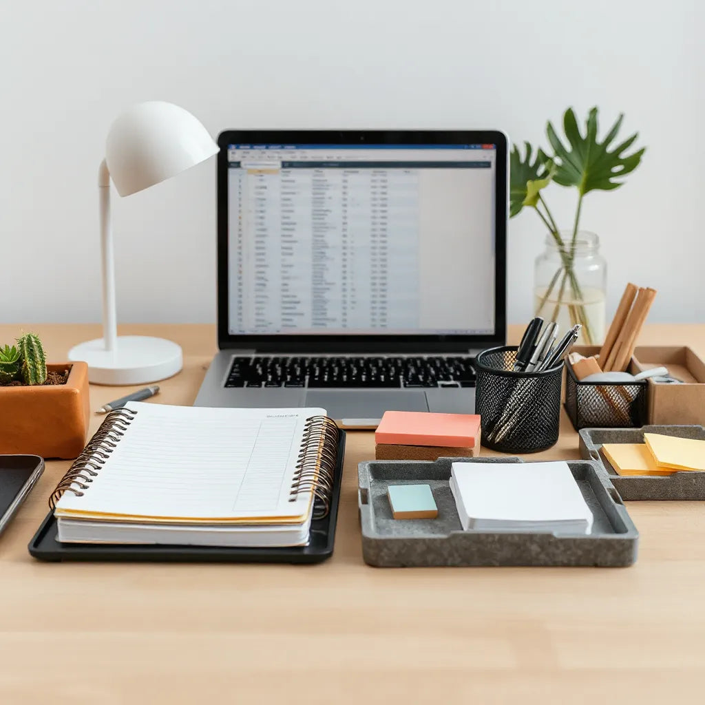 Neatly organized desk with planner, stationery, sticky notes, and a laptop setup for focused productivity
