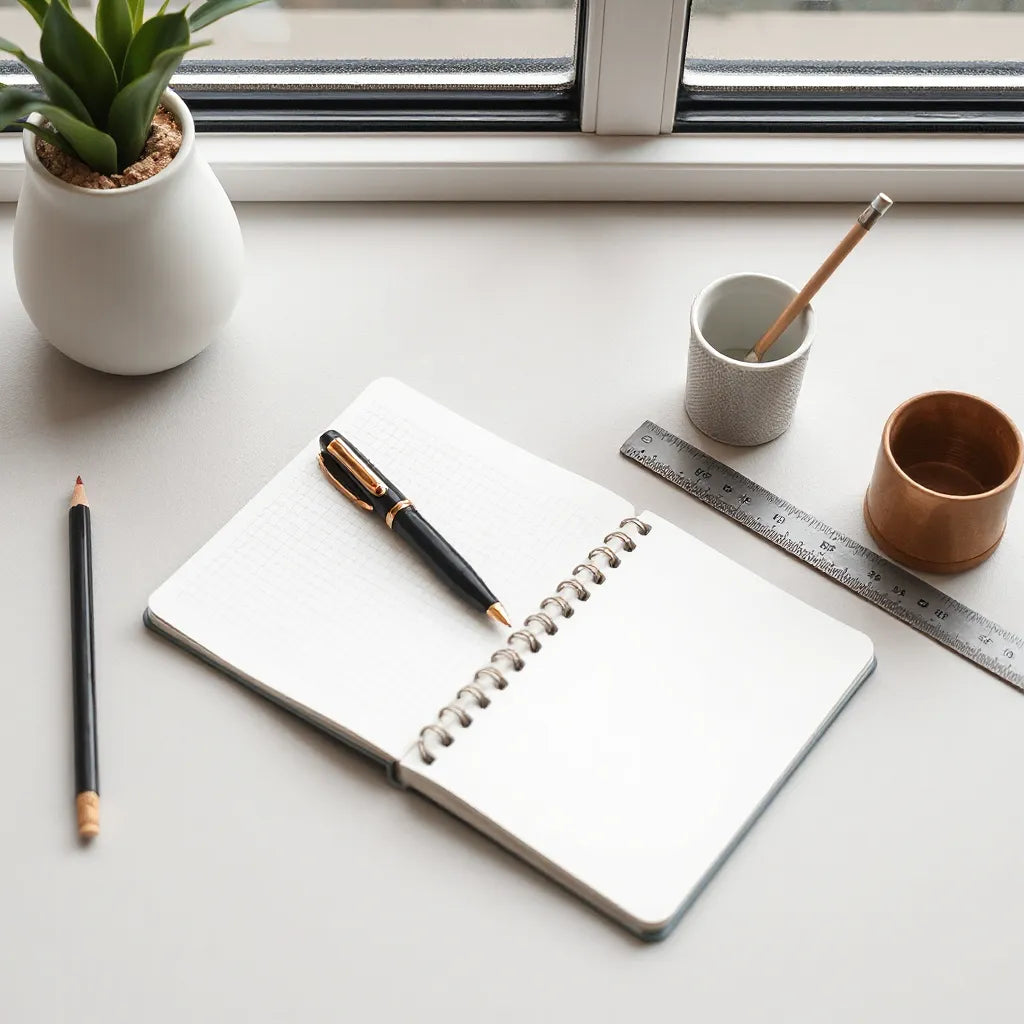 Premium pens and notebook arranged on textured paper under soft natural light