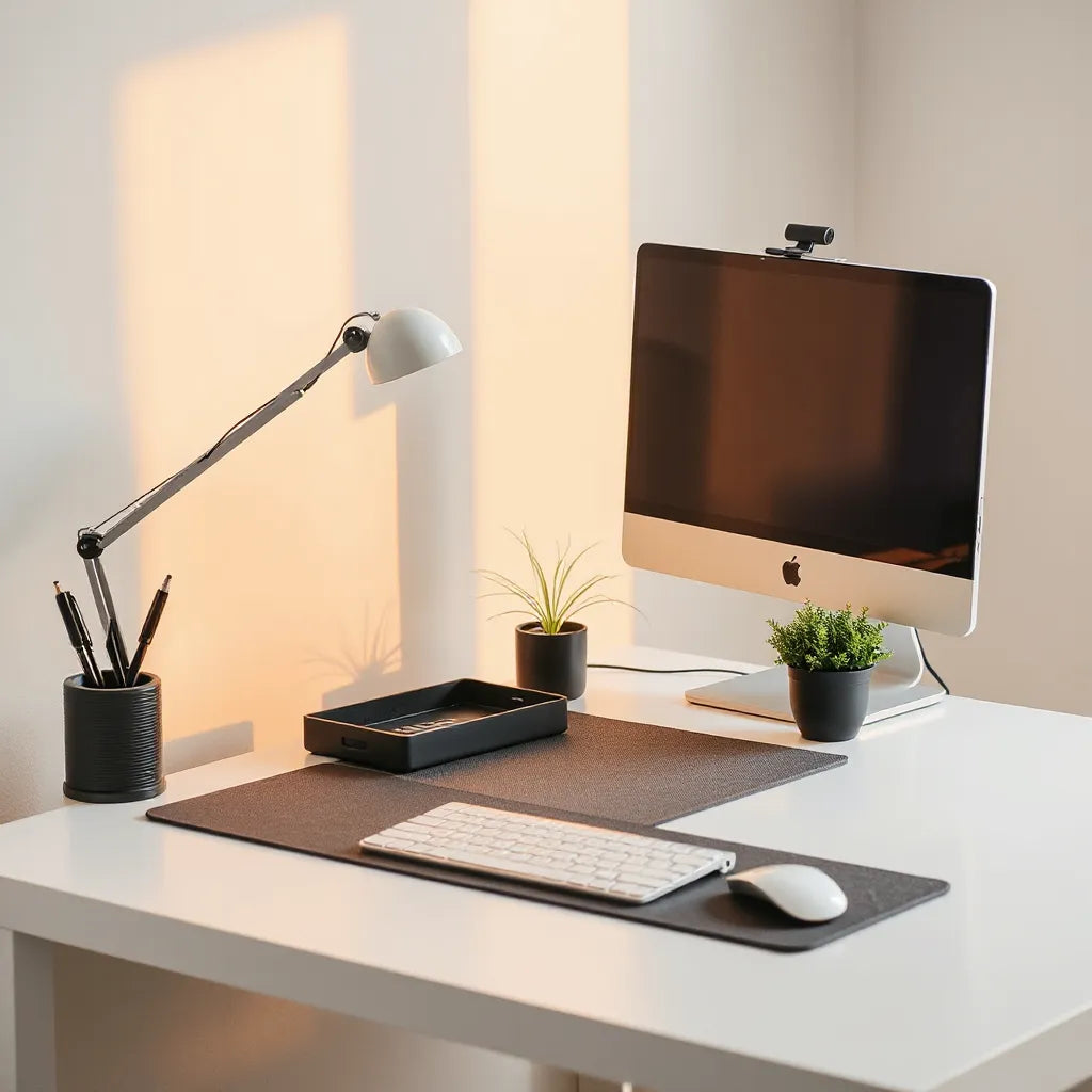 Minimalist modern desk setup with organizer, lamp, monitor stand, and tidy accessories