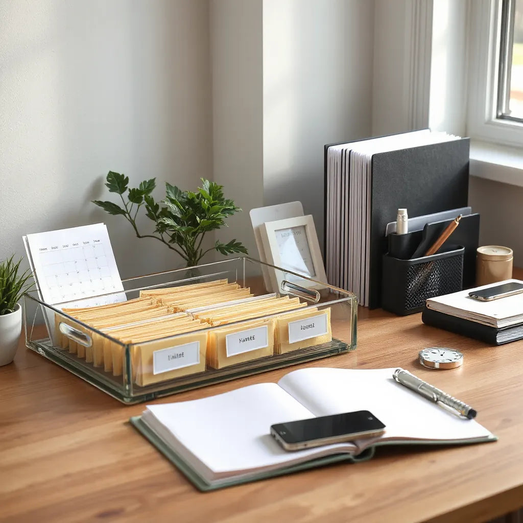 Organized desk with document sorter, folder stacks, and office organizers for workflow setup