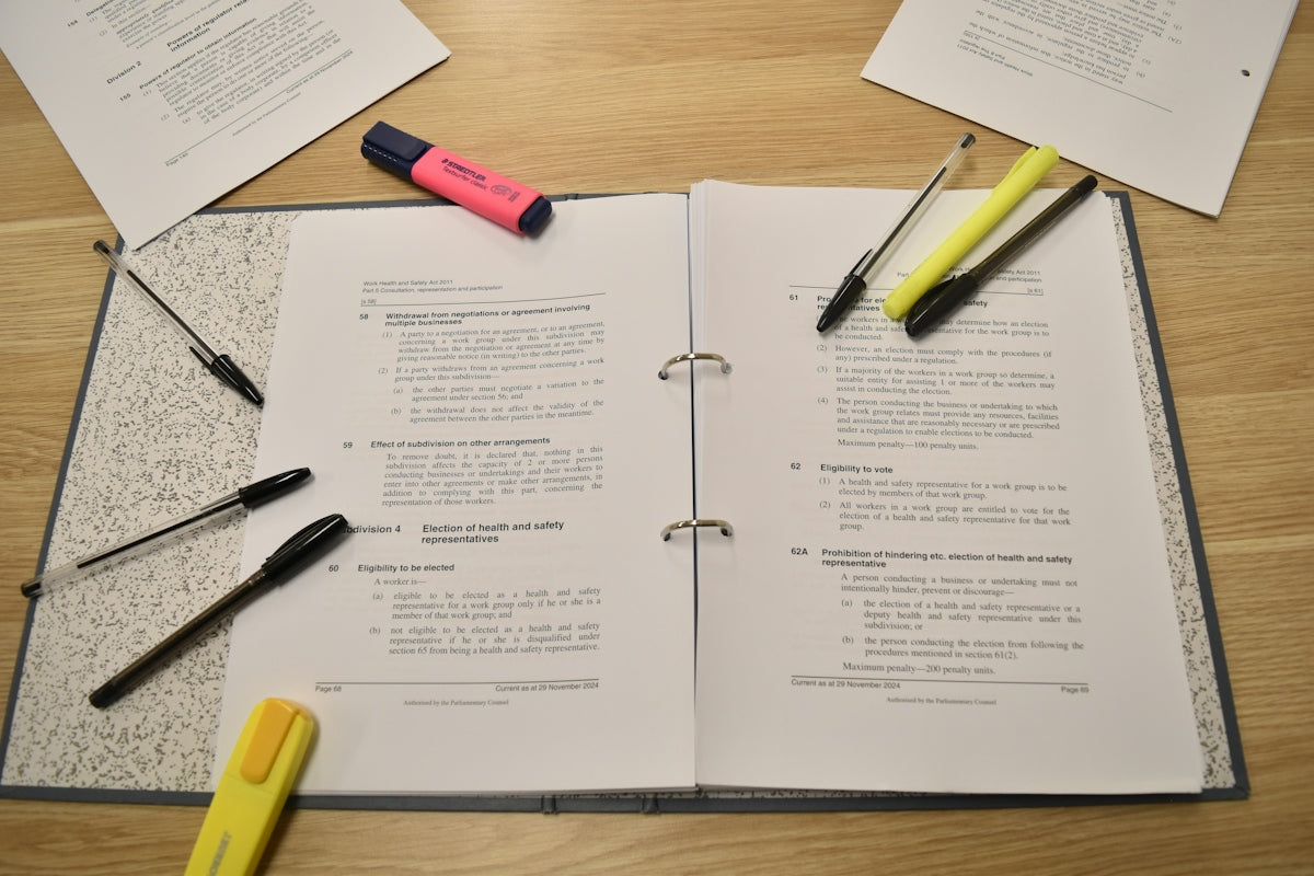 Papers, pens, and highlighters are laid out for studying
