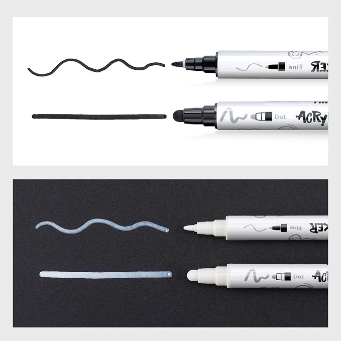 TRANSON 4 Black and 4 White Paint Markers Bold and Fine Dual-tip Acrylic Paint - Image 6