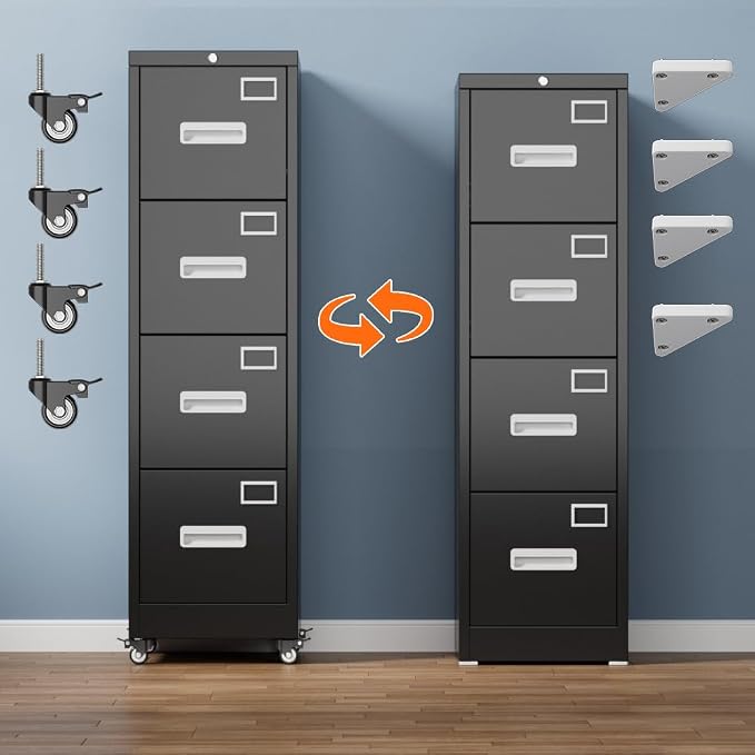 METAN 4 Drawer File Cabinet on Wheels, Lockable Metal Filing Cabinet - Image 7