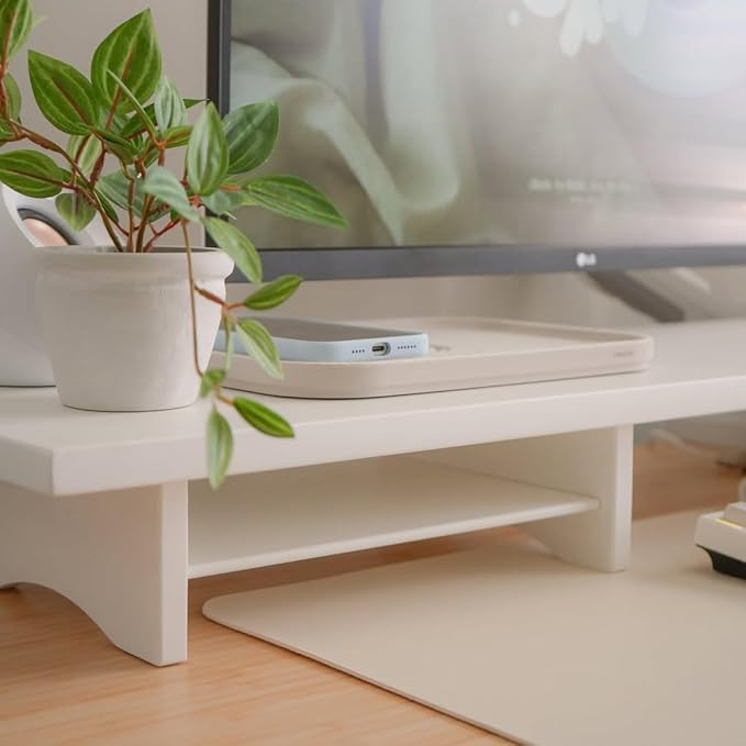 ROCDEER Bamboo Dual Monitor Stand Riser White, 2-Tier Desk Monitor Riser - Image 5