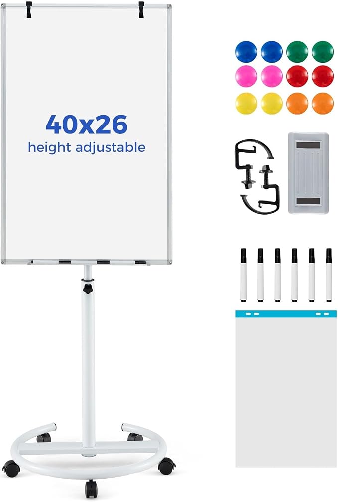 Goplus 40” x 26” Rolling Whiteboard, Height Adjustable Magnetic Dry Erase Board by Goplus
