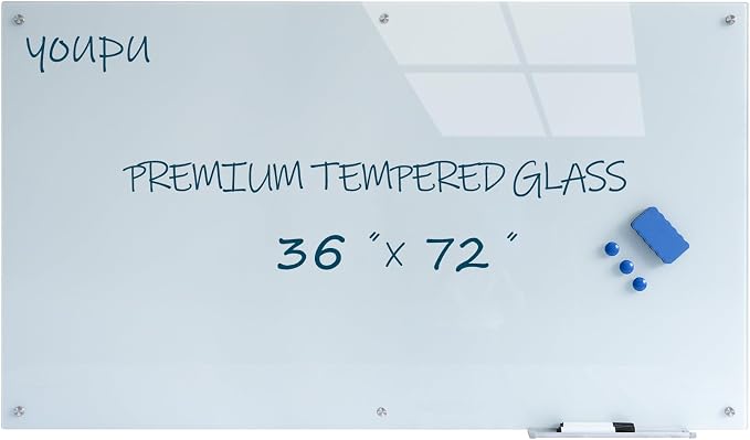 Magnetic Glass White Board 72"X36" Premium Tempered Dry Erase Boards Wall by YoupuStationery