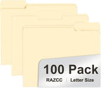 File Folder, RAZCC 100 Pack 1/3 Cut Tab File Folders Letter Size, Manila Folders by RAZCC