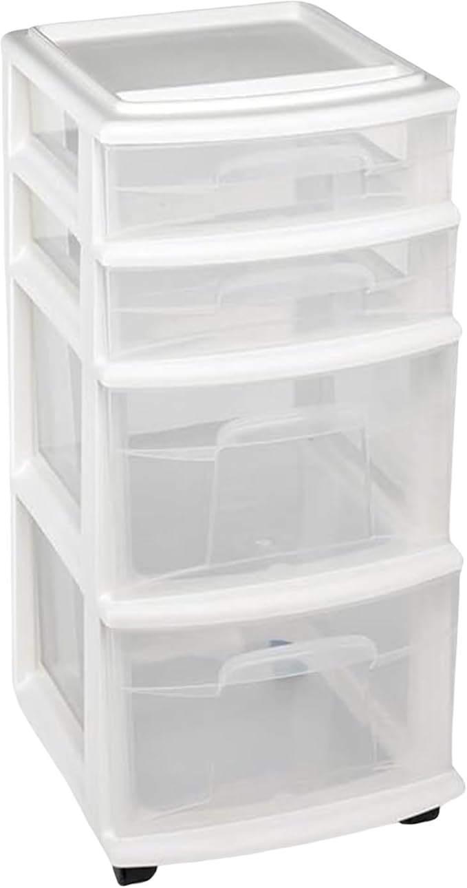 HOMZ Drawer Tower, 4-Tier Clear Plastic Storage Organizer Cart, and Classroom by Homz