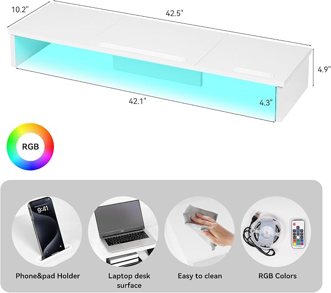 Qupui TV Riser Stand with LED Lights, 42.5in Super Large Monitor Stand with - Image 2