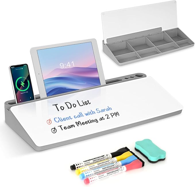 Desktop Glass Whiteboard with Storage, Desk Organizers and Accessories with by WALGLASS