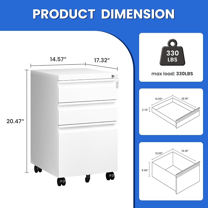 MIIIKO White Filing Cabinet 3 Drawers on Wheels Under Desk, Metal Rolling File - Image 3
