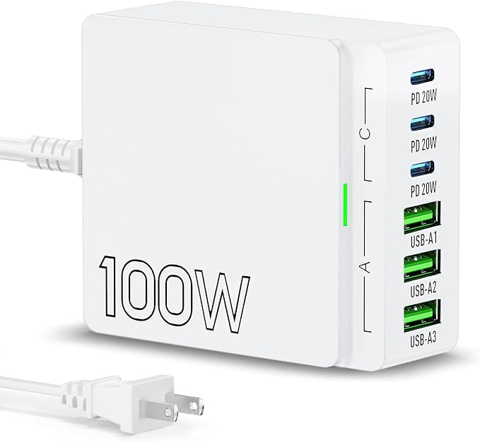 USB C Charger Block Charging Station: 100W 6 Port GaN Fast Charging Brick Hub by Gakezi