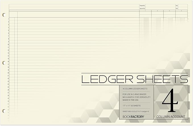 BookFactory Ledger Sheets/Large 4 Column Accounting Ledger Columnar Loose Leaf by BookFactory