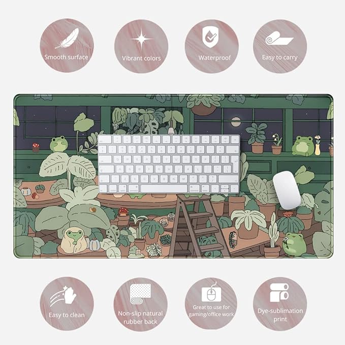 Cute Frog Kawaii Green Desk Decor Mat, Large Gaming Mouse Pad - Image 6