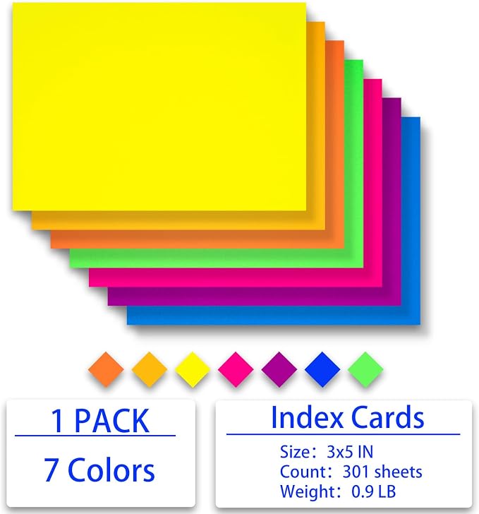 Index Cards 301-Count 3x5 Inch, 178GSM Heavyweight Set of 7 Fluorescent Colors - Image 4