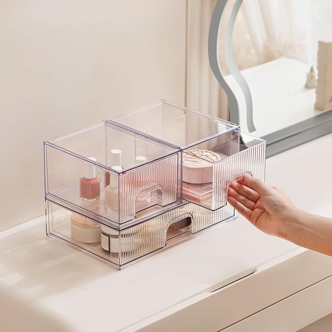 Vorey Clear Stackable Desk Storage Drawers, 3 Pack Acrylic Bathroom Makeup - Image 2