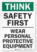 Smartsign U7-1331-RD_7X10 "Think Safety First WEAR Personal Protective by SmartSign