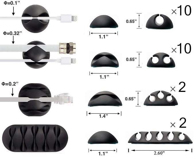OHill Desk Cable Management Cord Organizer, 24 Pack Black Self Adhesive Cord - Image 2
