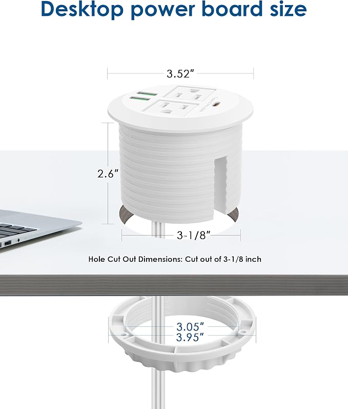 3-inch Desktop Power Grommet, Max 65W USB C Charger, 2 Outlets and 3 USB - Image 6