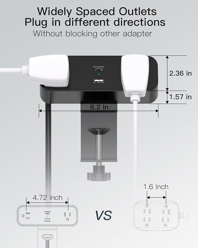 Desk Clamp Power Strip 10ft Flat Plug Extension Cord - Image 6