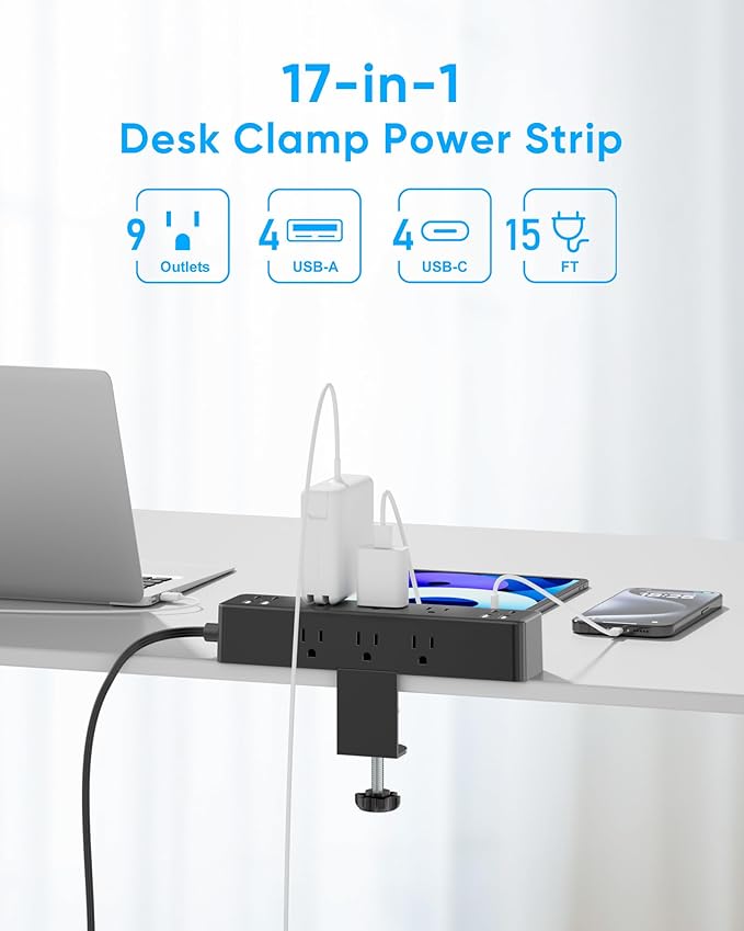 Flat Plug Desk Clamp Power Strip 15FT, 40W Total Fast Charging Station - Image 2