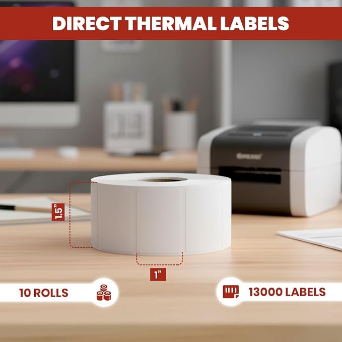 1 1/2" × 1" Direct Thermal Printer Labels, 10 Rolls, 000 Matte White Thermal - Image 2