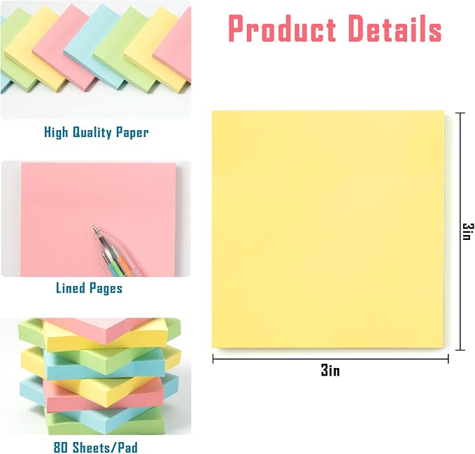 HappyHapi Sticky Notes 3x3 Inches Bulk 36 Pack 3600 Sheets Colored Self-Stick - Image 2