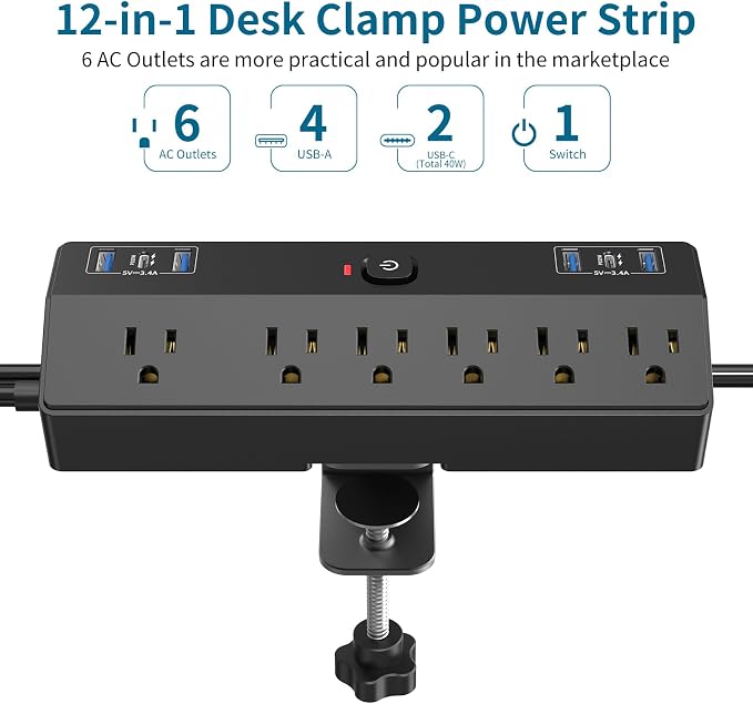 Desk Clamp Power Strip 2 USB C Desktop Mount Outlet Charging Station, 10FT - Image 2