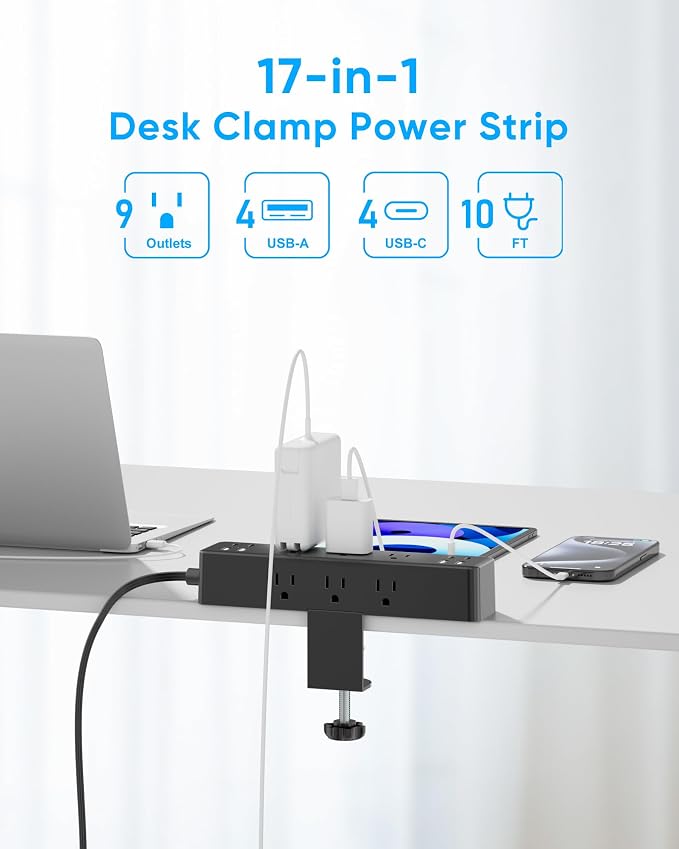 Flat Plug Desk Clamp Power Strip 10FT, 24W Total Charging Station, Desk Edge - Image 2