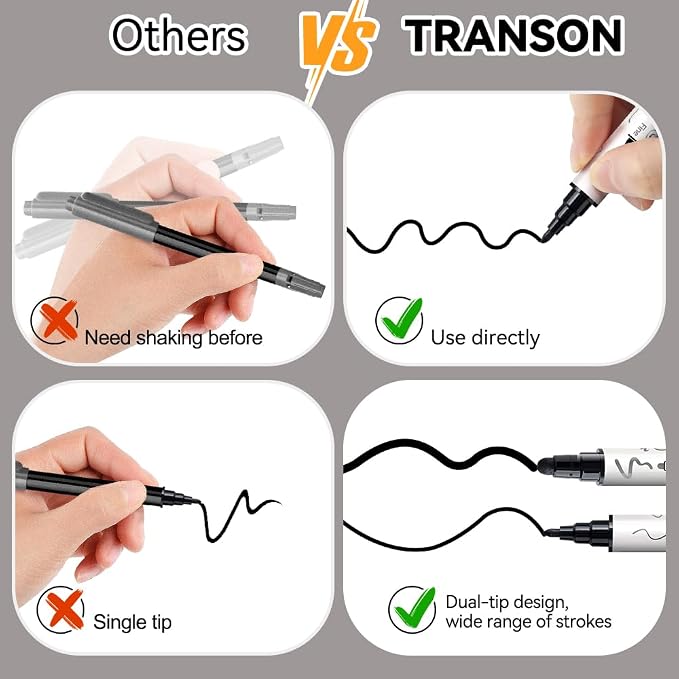 TRANSON 8 Pack Black Bold and Fine Dual-tip Acrylic Paint Marker - Image 5