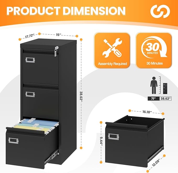 AFAIF 3 Drawer File Cabinet - Image 3