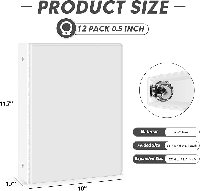 3 Ring Binder 0.5 Inch, PANDRI 12 Pack 0.5-Inch Binder Fits Letter Size 8.5'' x - Image 2