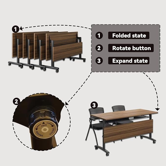 Folding Conference Table, 61in Rectangle Conference Room Tables, Large Rolling - Image 4