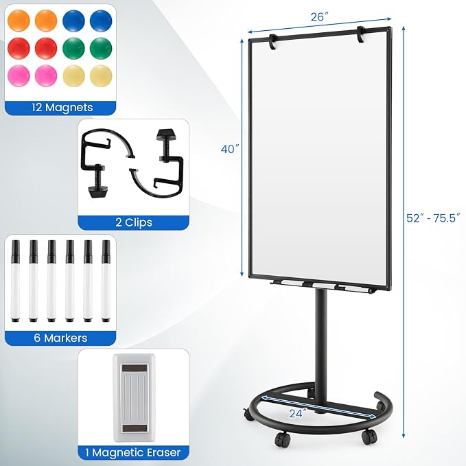 Goplus 40” x 26” Rolling Whiteboard, Height Adjustable Magnetic Dry Erase Board - Image 7