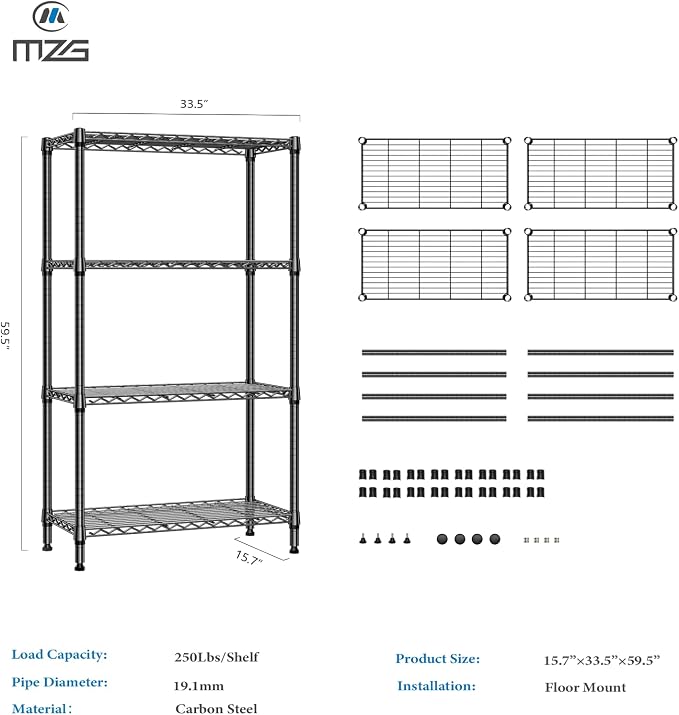 M MZG 1000 lbs 4 Tier Shelf Metal Storage Shelves Shelving Wire Rack Heavy Duty - Image 3
