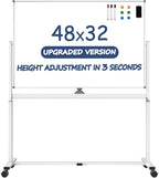 White Board on Wheels, 48 x 32 Inches Height-Adjustable Large Rolling Whiteboard by Tankee