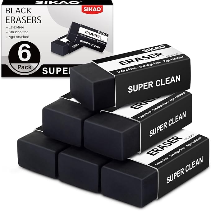 Black Erasers, 6 Pack Block Pencil Erasers – Smudge-Free Latex-Free Art Erasers by Sikao