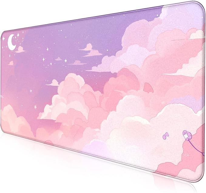 Cute Anime Cloud Desk Mat, Beautiful Pink Stitching Edge Non Slip Rubber Mouse by LQFIWSS