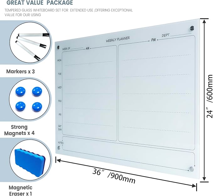 Magnetic Planner Writeboard 24"X36" Weekly Glass Calendar White Glassboard - Image 2