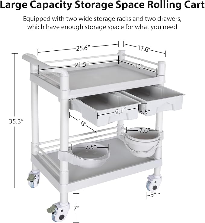Medical Mobile Trolley Cart 2-Shelf 220 LBS Max Load Rolling Utility Cart Heavy - Image 2