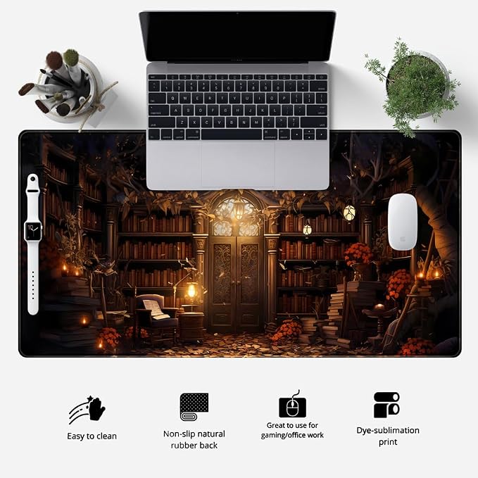 Medieval Bookshelf Desk Pad Mat Vintage Gothic Bookcase Bookshelf Deskpad Large - Image 2