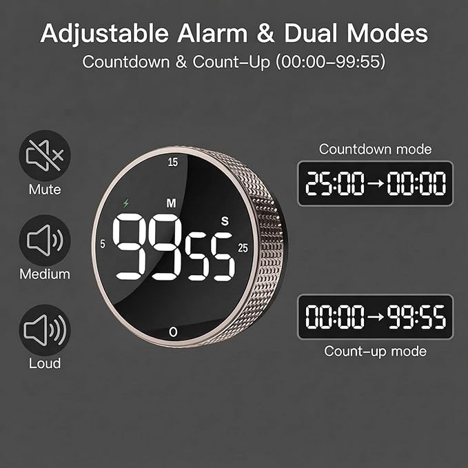 Rechargeable Magnetic Kitchen Timer, LED Countdown/Up Timer, Supports USB-C - Image 6