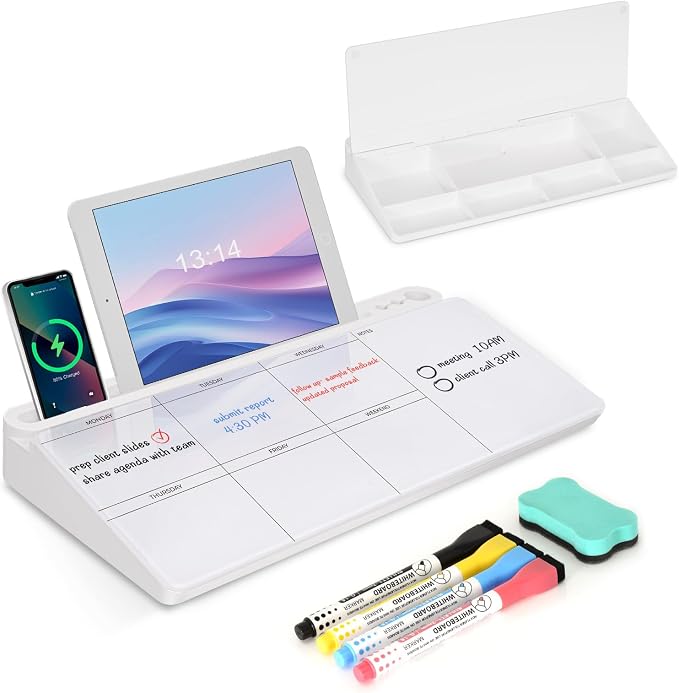 Desktop Glass Whiteboard with Storage, Weekly Calendar Desk Dry Erase White by WALGLASS