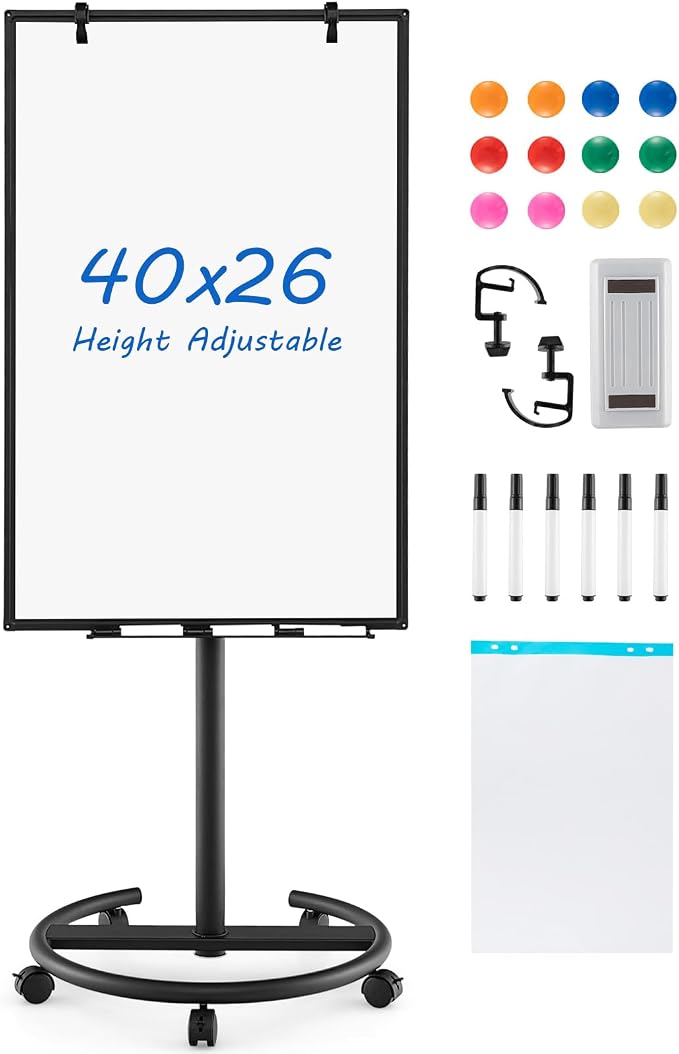 Goplus 40” x 26” Rolling Whiteboard, Height Adjustable Magnetic Dry Erase Board by Goplus