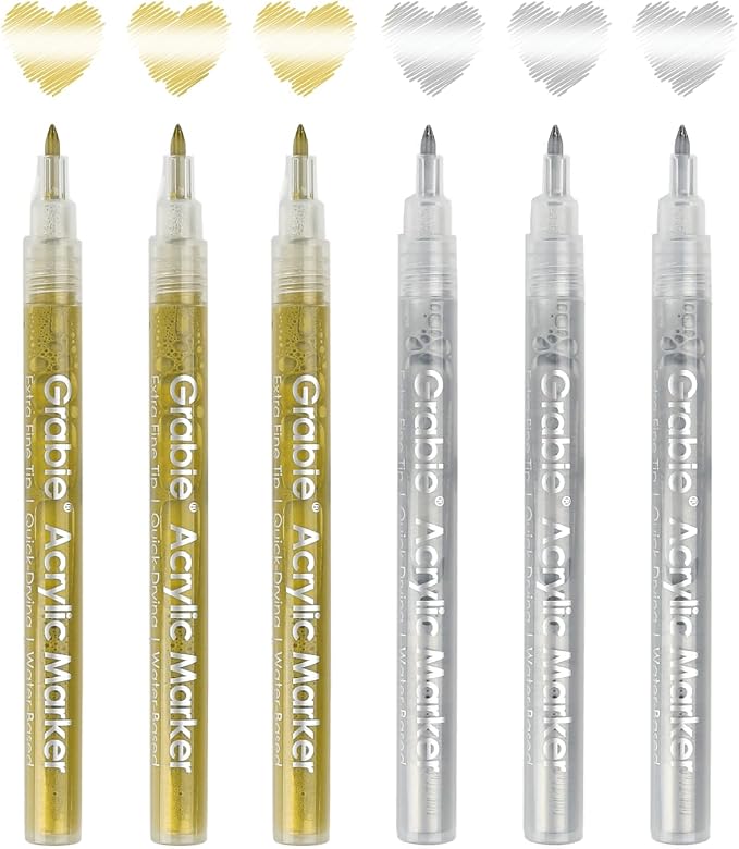 Grabie Gold&Silver Extra Fine Tip Acrylic Paint Marker Set, 6 Pack Gold Paint - Image 6